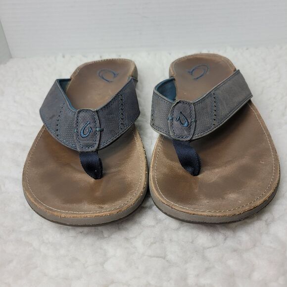 OluKai Nui Sandal Mens Flip Flop Size 12 Tan Gray Leather Sandals - Picture 2 of 11